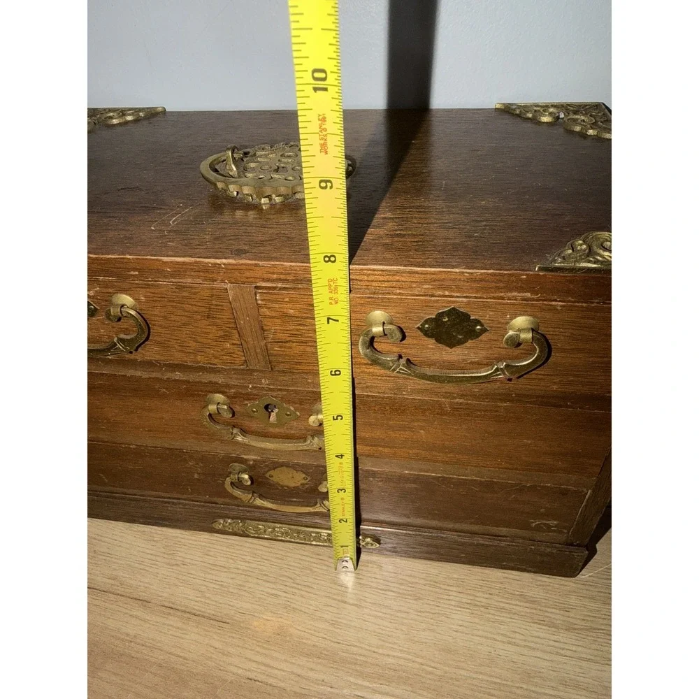Vintage Brass Japan Tone Ornate Handles & Wood Jewelry Box Case Drawers